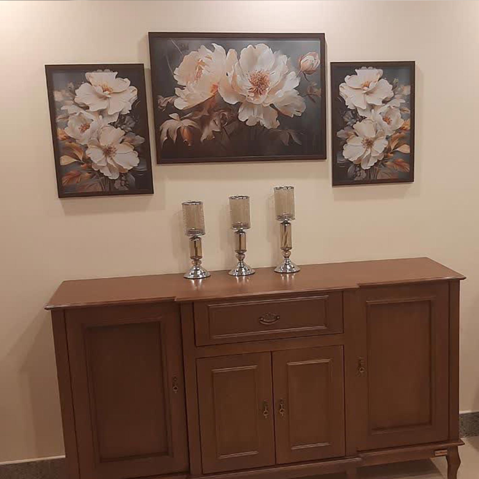 تابلو گل سه تکه قاب مشکی