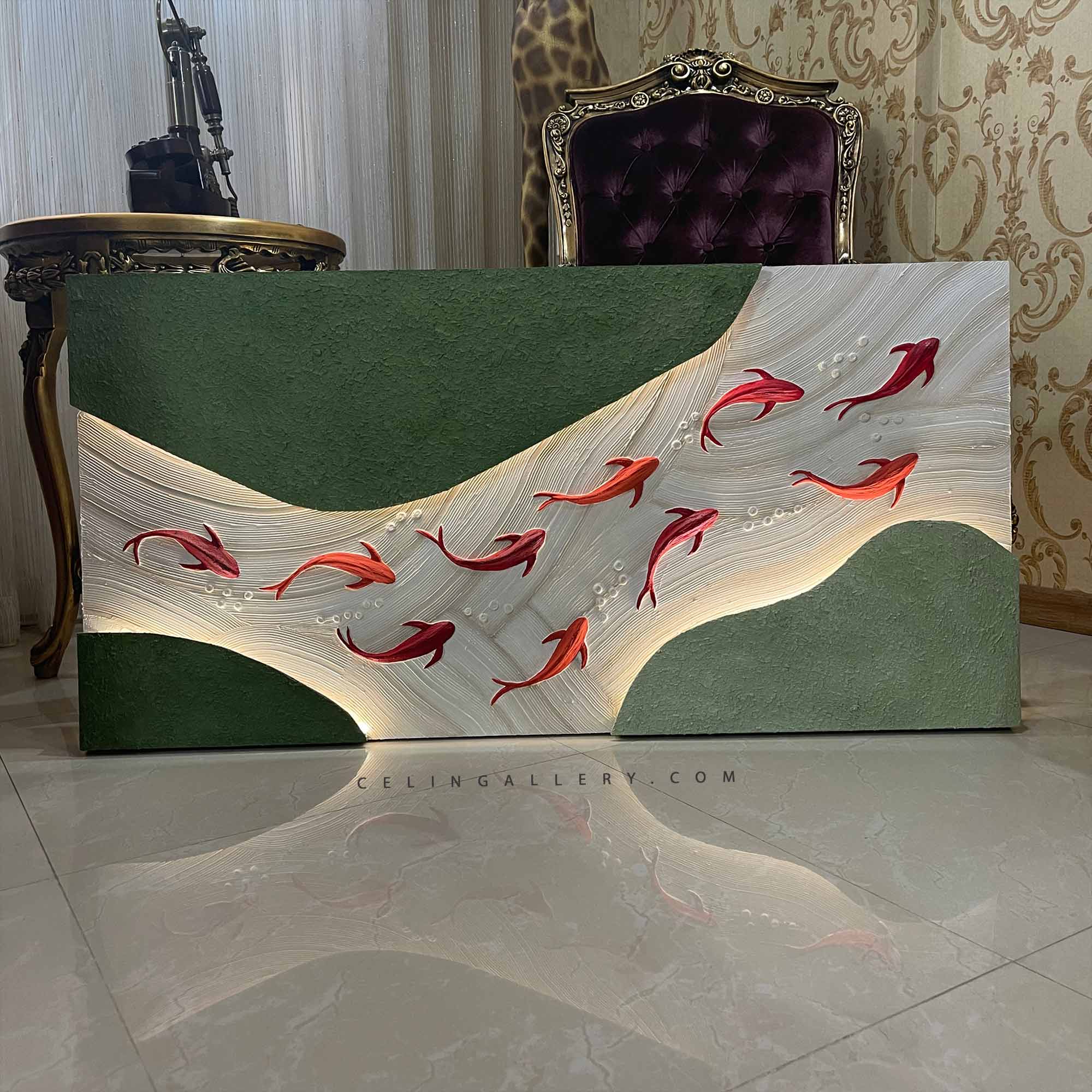 تابلو برجسته کرمی سبز ماهی